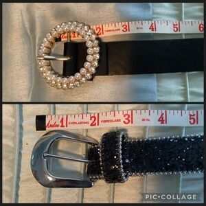 Two Dress Up Black Belts, Sequin and Pearl Accents - Silver and Gold